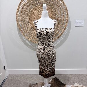 Nicole Miller Leopard Print Square Neck Midi Dress - Cream, Brown, Black